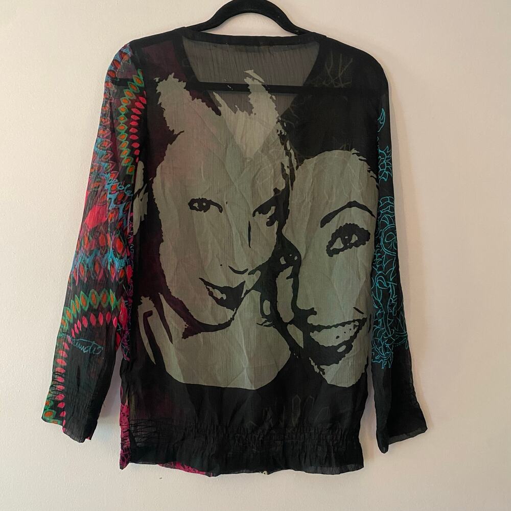 Desingual. Black Multicolor Sheer Long Sleeve Blouse Transparent Women's Medium